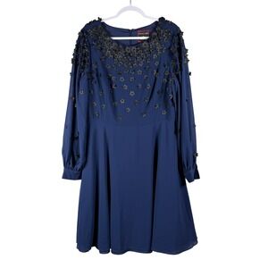 Focus by Shani Womens 14 Dress Navy 3D Floral Applique Chiffon Cocktail Party